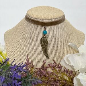 Choker necklace turquoise brown wing necklace velvet tan blue copper wing